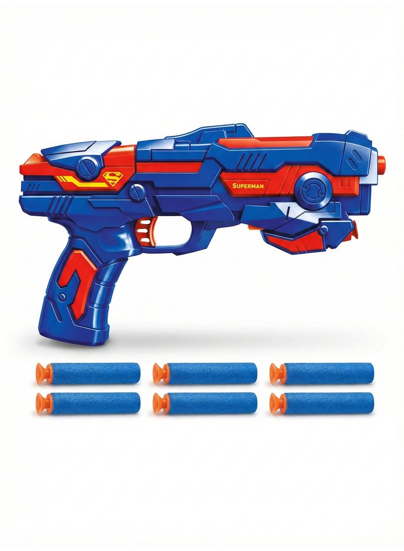 Aspire Books Superman Soft Dart Gun Blaster with LED Light & 6 Suction Darts – Blue & Red Superhero Toy Gun for Kids – Officially Licensed WB Superman Toys - Image 1